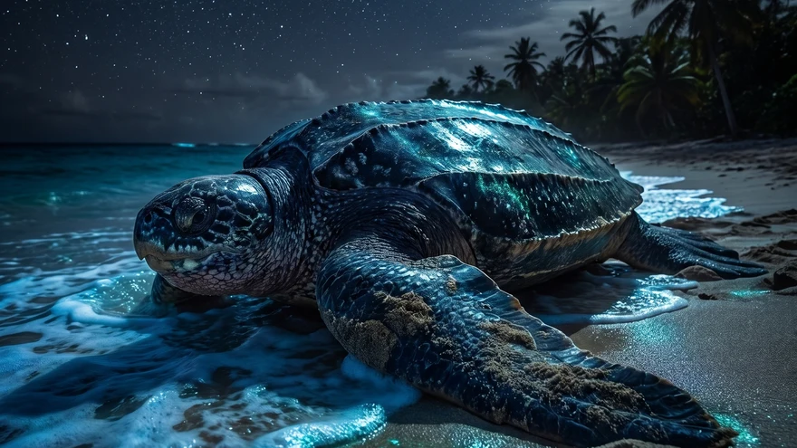 leatherback sea turtle emerging from Caribbean waves onto moonlit nesting beach at night