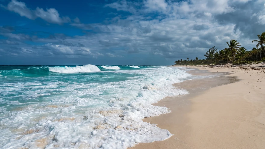 Macaroni Beach Mustique with powerful Atlantic waves on white sand