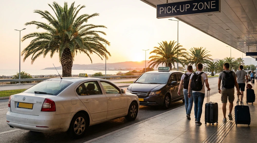 White taxi and ride-hailing car at the Malta Airport pickup zone with travelers and luggage