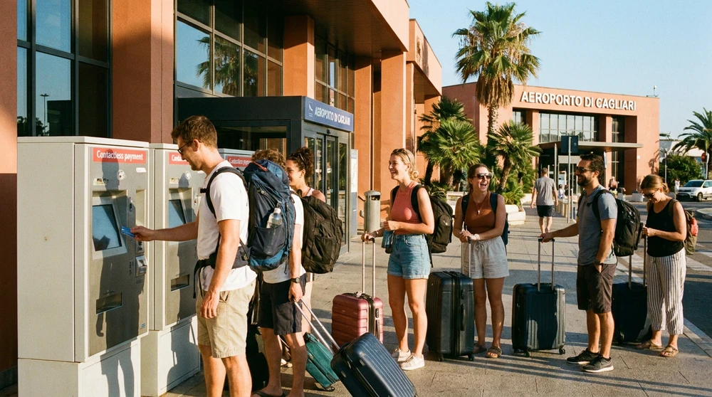 Travelers buying transport tickets at automated machines outside Malta International Airport terminal