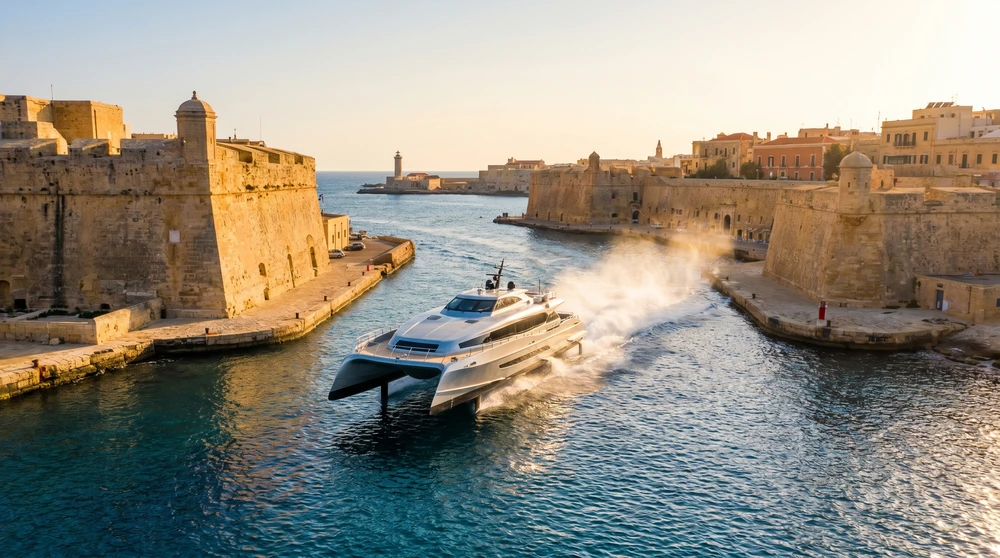 High-speed catamaran approaching Valletta Grand Harbour with fortified stone walls in Malta