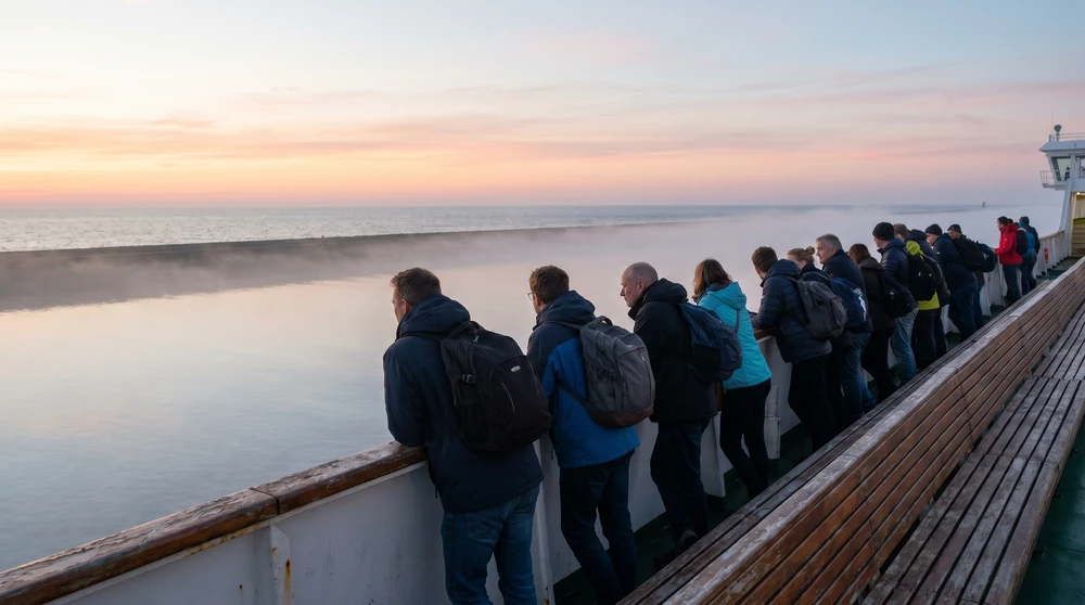 Foot passengers at the railing of a ferry crossing a calm channel in soft early-morning light