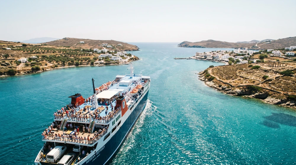 Gozo Channel ferry crossing turquoise water between Malta and Gozo with passengers on deck
