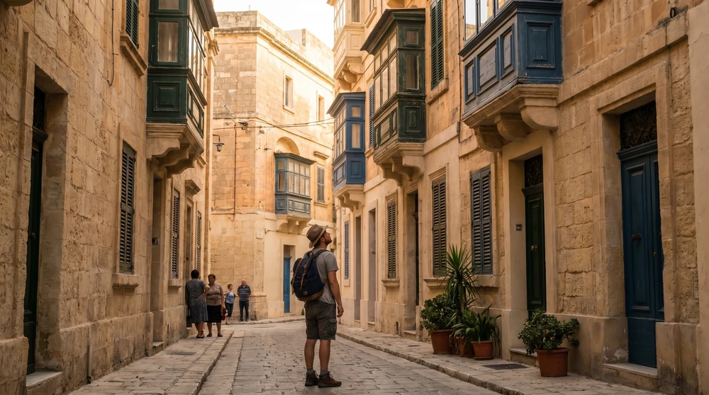 A traveler walking through narrow honey-stone streets with enclosed balconies in a quiet Maltese old town