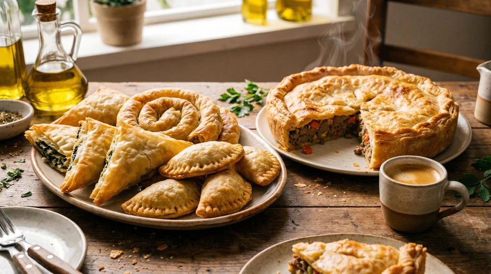 Traditional Maltese savory pastries and a flaky baked pie beside an espresso cup on a rustic table