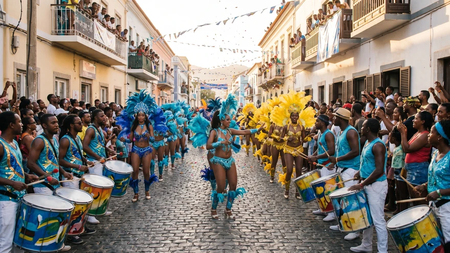 Colorful Mindelo Carnival parade with elaborate costumes and dancers in February, São Vicente, Cape Verde