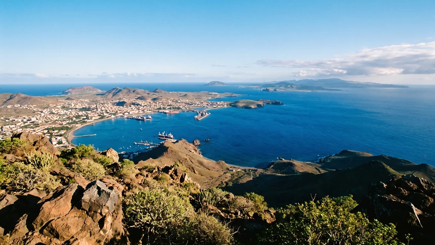 Panoramic view from Monte Verde summit over Porto Grande Bay and Mindelo, São Vicente, Cape Verde