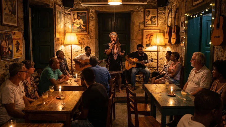 Live Morna music performance in an intimate bar in Mindelo, São Vicente, Cape Verde