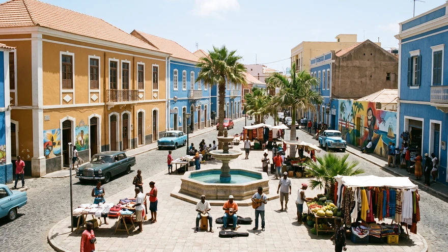 Colonial architecture and central plaza in Mindelo, São Vicente island, Cape Verde