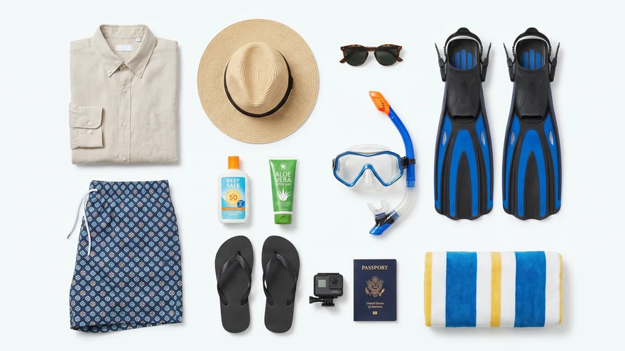 Flat lay of essential travel items for a Caribbean trip to Grenada