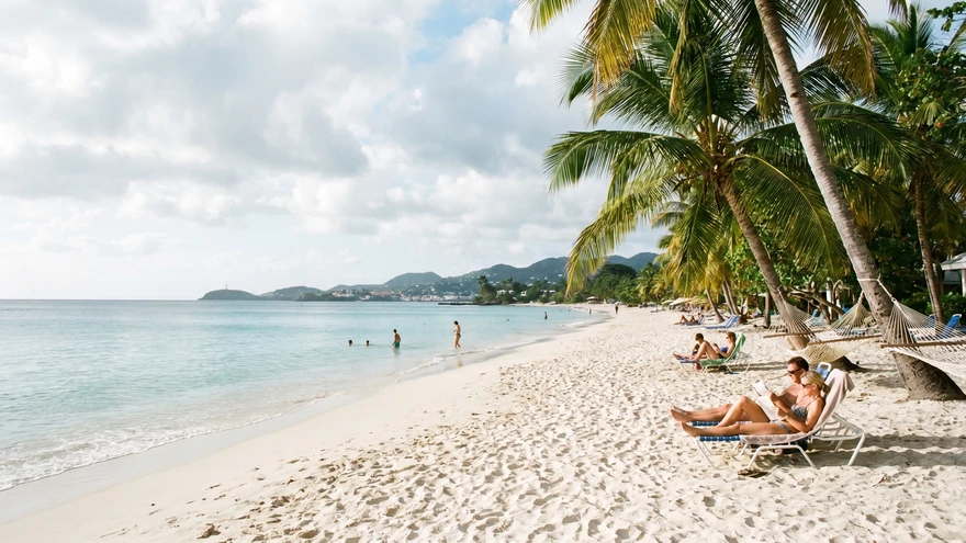 Grand Anse Beach in Grenada with white sand palms and calm turquoise water
