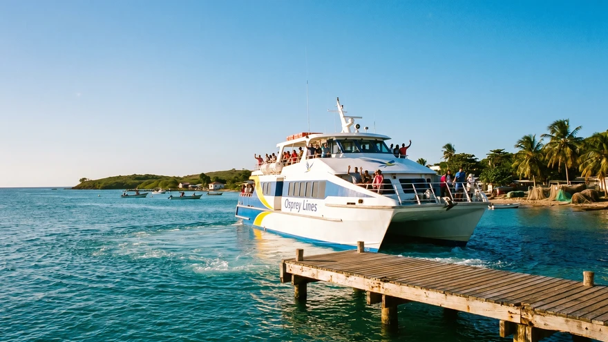 Osprey Lines ferry pulls away from a small wooden dock on Carriacou