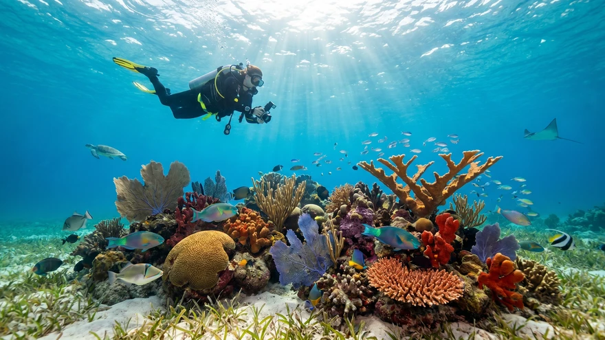Scuba diver exploring coral reef in Grenada