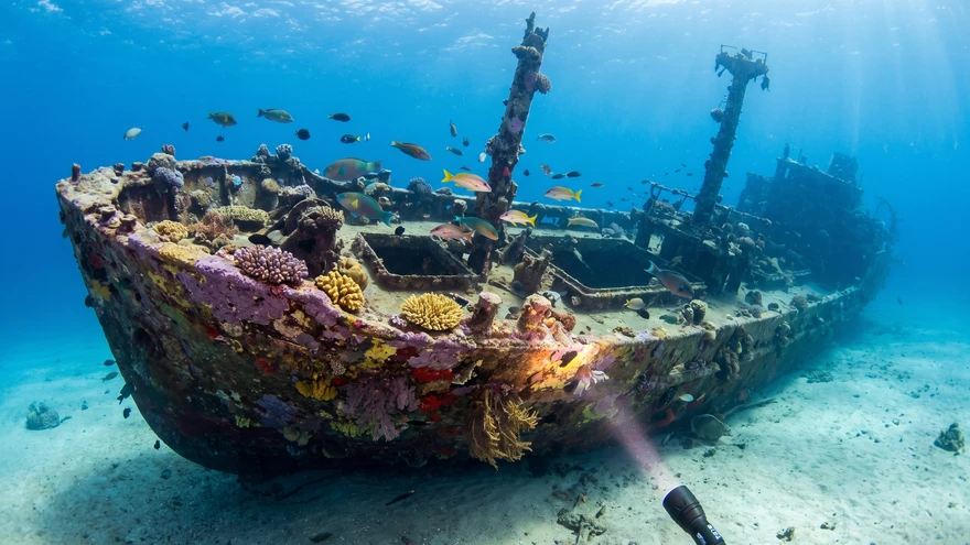 The Chadi shipwreck on the sandy seafloor near Boa Vista, Cabo Verde, covered in coral and surrounded by fish