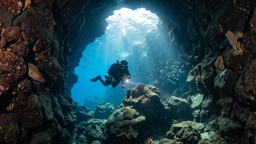 Scuba diver inside an underwater lava tube cave on Sal Island, Cape Verde, with light streaming through a natural skylight