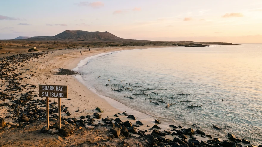 Shark Bay on Sal Island at early morning with calm water and nearly empty beach, Cape Verde