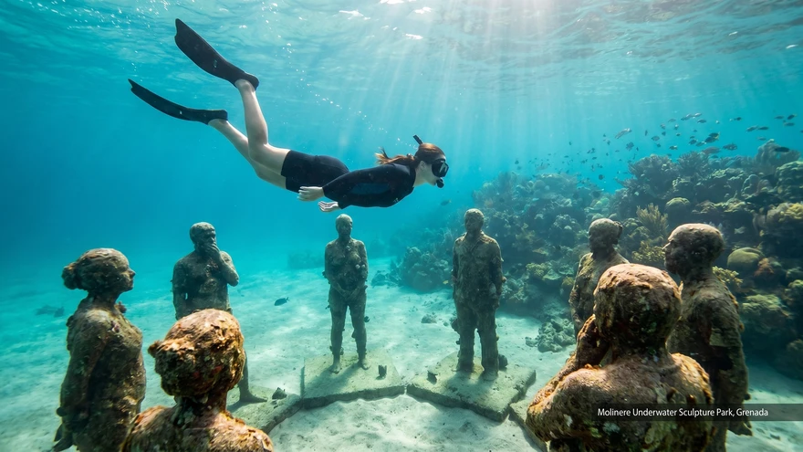 Snorkeler above underwater sculptures at Molinere Bay Grenada
