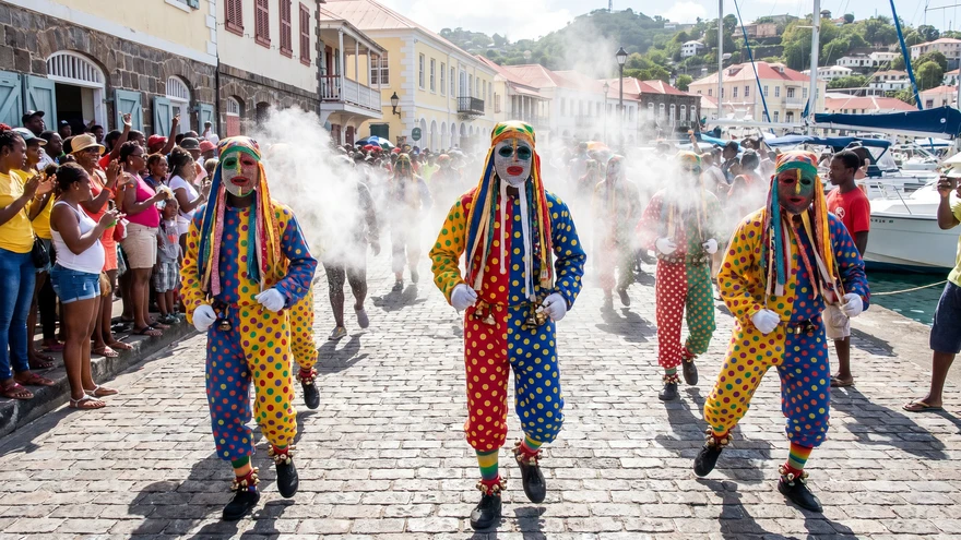 Short Knee masqueraders in bright polka-dotted costumes and wire mesh masks stamp