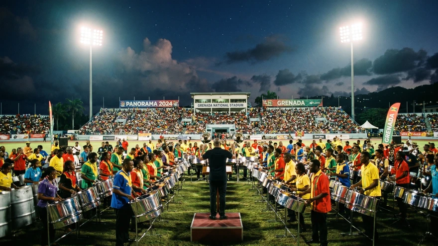 steel pan orchestra of nearly a hundred musicians performs at Panorama night