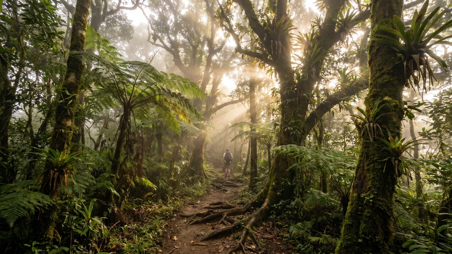 Vermont Nature Trail winding through dense primary rainforest in St. Vincent