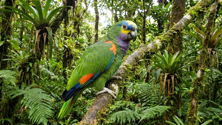 St. Vincent Amazon parrot perched on a mossy branch in the rainforest