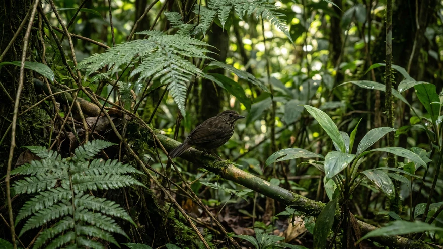 Small endemic bird perched in dense undergrowth along the Vermont Nature Trail