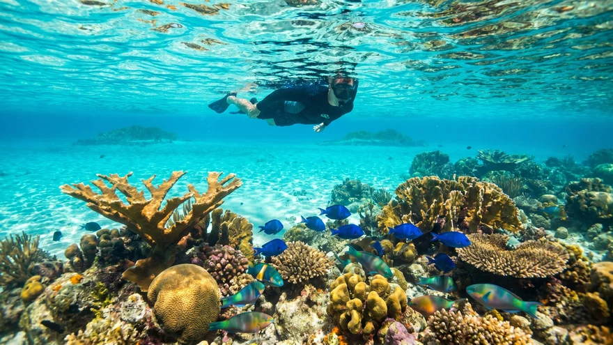 Snorkeler above colorful Caribbean coral reef with elkhorn coral and tropical fish at Tobago Cays marine park
