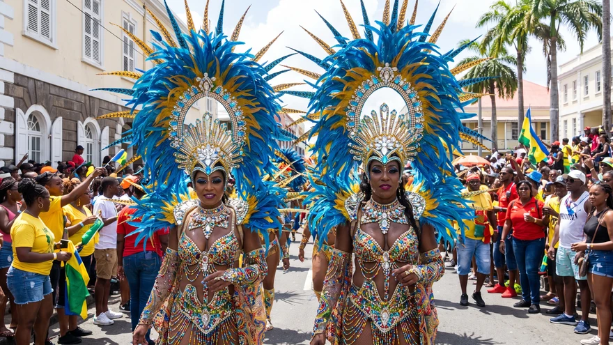 Masquerade costumes with feathered headdresses parading through Kingstown during Vincy Mas carnival