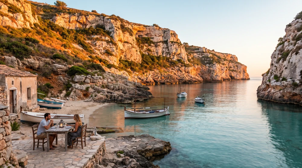 A small sheltered cove framed by tall cliffs with boats on calm water in warm evening light