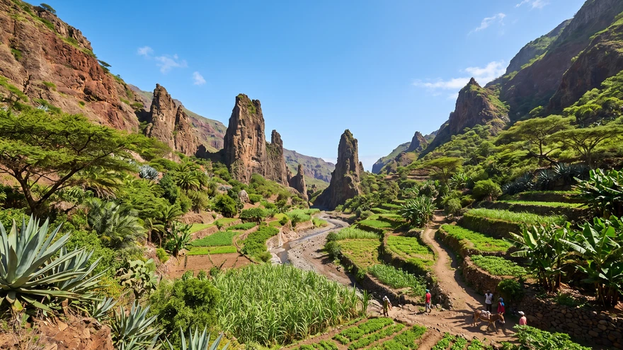 Tall volcanic rock pillars rising from the narrow green floor of Xôxô Valley in Santo Antao Cape Verde