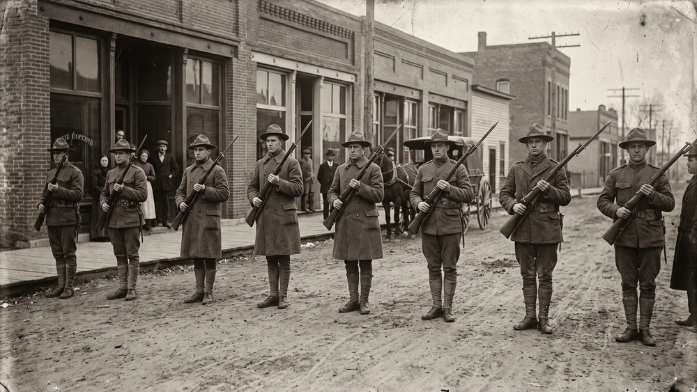 Historic-style depiction of state militia patrolling during the 1913 Copper Country Strike
