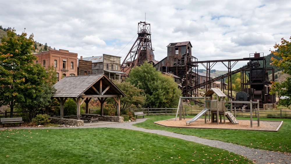 Gabriel J. Chopp Park with historic mining ruins in the background in Ahmeek, Michigan