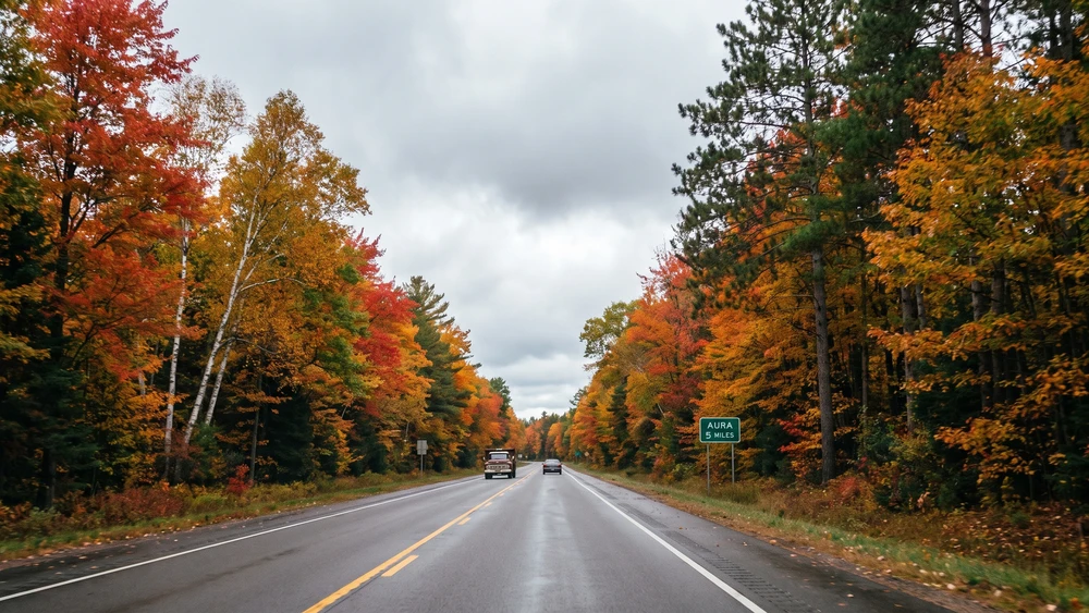 Highway drive up the Keweenaw Peninsula toward Ahmeek, Michigan