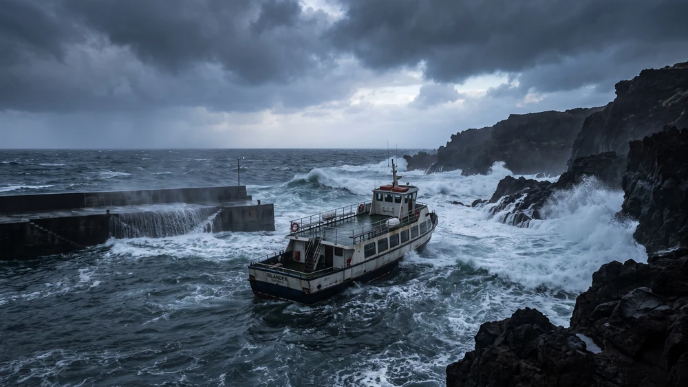 Ferry navigating rough seas near Sampo Port on Aogashima