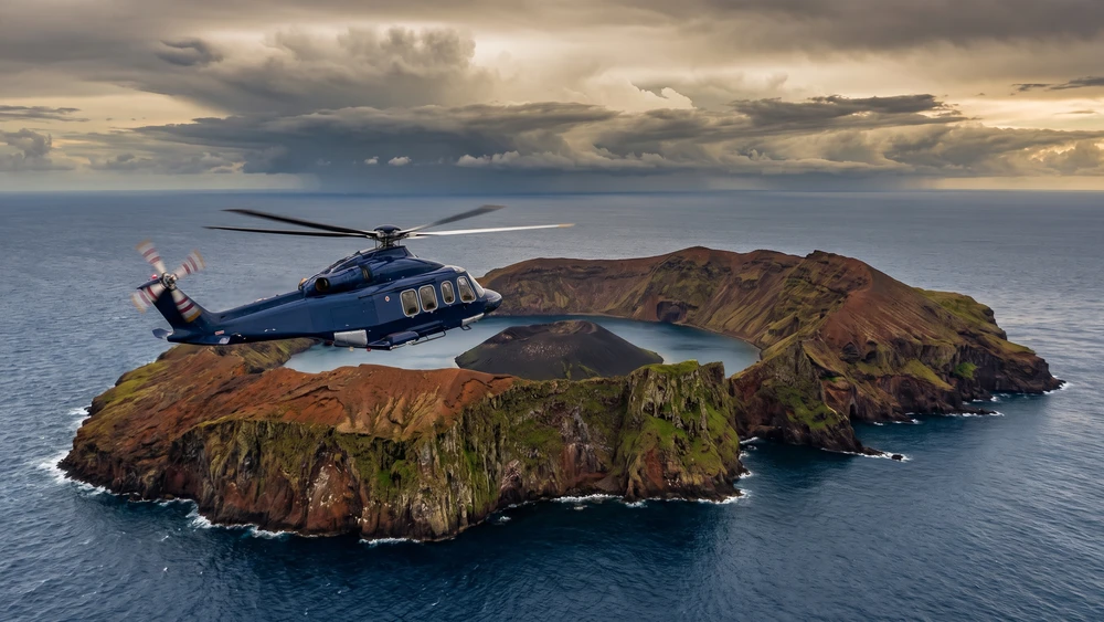 Small helicopter flying over Aogashima's volcanic double caldera