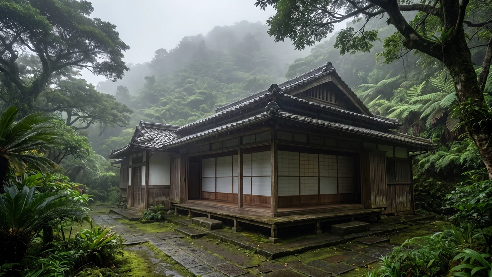 Traditional minshuku guesthouse on Aogashima surrounded by volcanic hillside