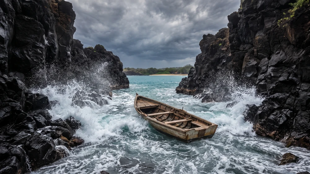 Small boat navigating the narrow turbulent entrance into Apolima Island's crater bay
