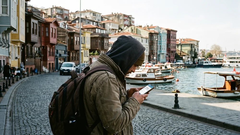 A traveler checking accommodation bookings on a flat waterfront street in Balat