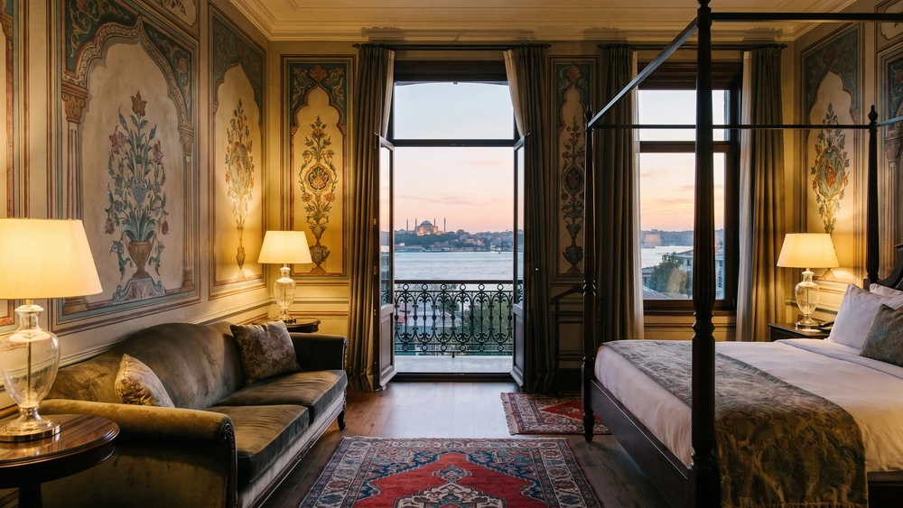 A restored 19th-century boutique hotel suite in Balat with a wrought-iron balcony over the Golden Horn