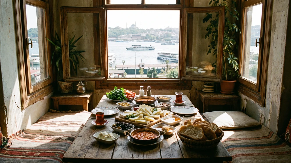 Breakfast set inside a traditional bay window cumba overlooking the Golden Horn in Balat