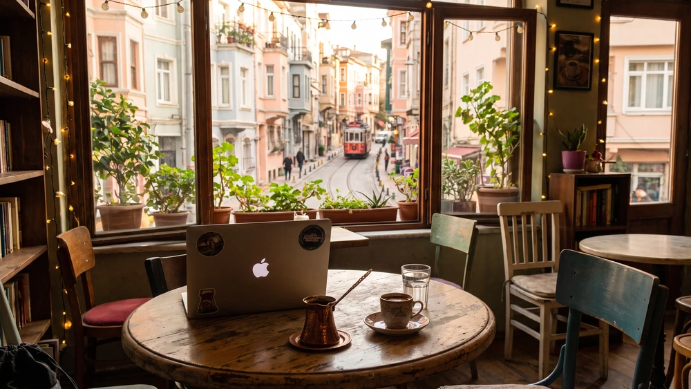 A laptop and coffee at a window table in a Balat cafe overlooking a colorful street