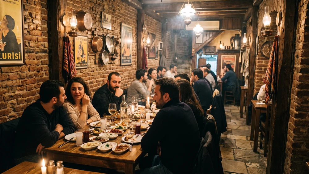 Meze spread on a table inside a historic Balat meyhane with exposed brick walls