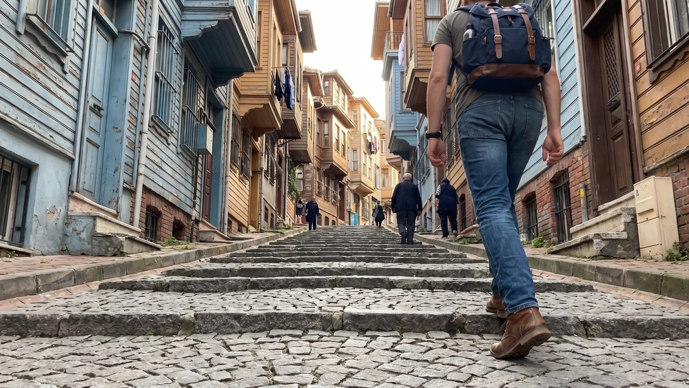 A traveler climbing a steep worn cobblestone stairway in Balat