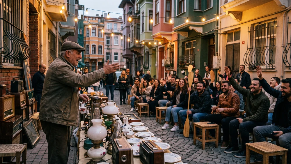Auctioneer running a live evening mezat auction on a Balat street