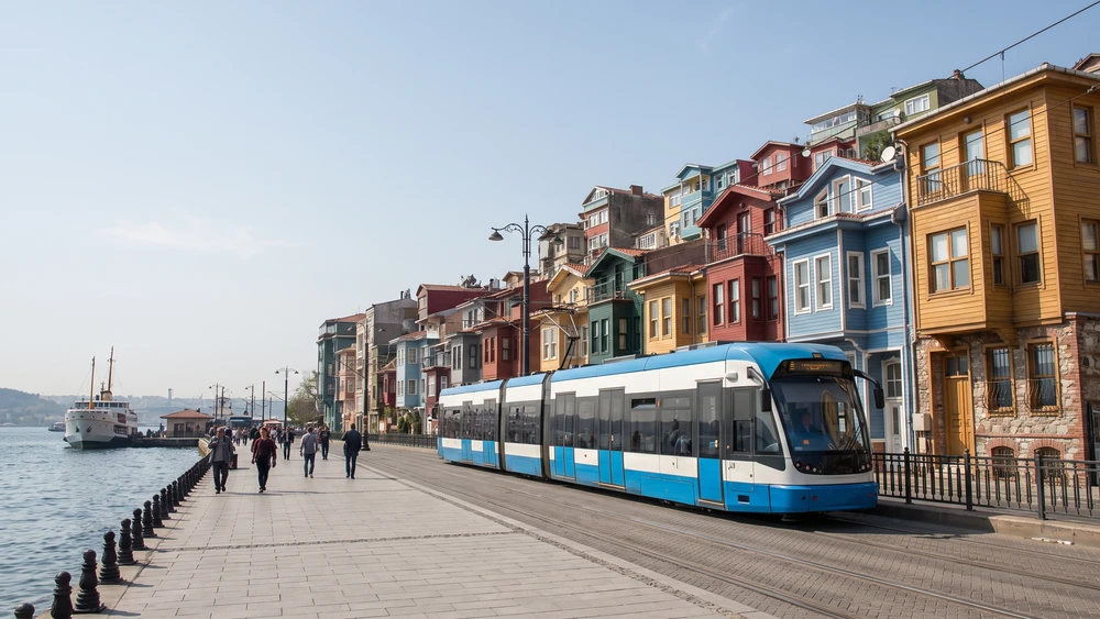 The T5 tram running along the Golden Horn near Balat's restaurant district