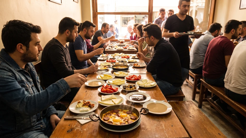 A traditional Turkish breakfast spread covering a long table at a Balat cafe