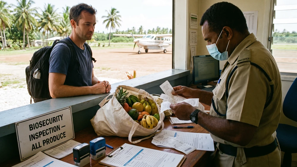 Biosecurity officer checking food receipts at the island airport