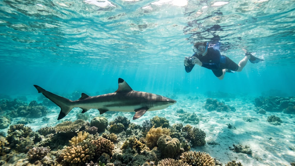 Blacktip reef shark swimming near a snorkeler wearing a protective rash guard
