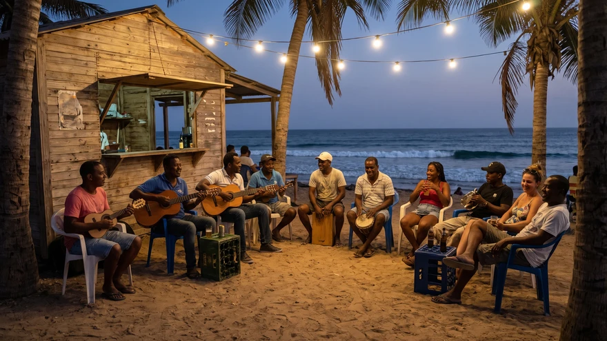Beachside shack with local musicians performing at night near Sal Rei, Boa Vista