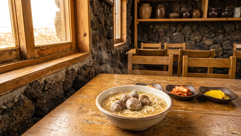 Bomal Kalguksu noodle soup with turban shells served in a lava-rock walled restaurant on Gapado Island